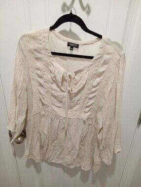 Spence Woman Plus Size 1X Cream Peasant 3/4 Length Sleeves Lace Trim Boho